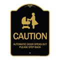 Signmission Caution Automatic Door Opens Out Please Step Back W/ Graphic Alum Sign, 18" x 24", BG-1824-24287 A-DES-BG-1824-24287